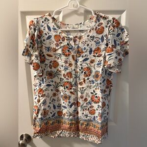 Chic Floral Women's Blouse - Orange, Blue, Cream